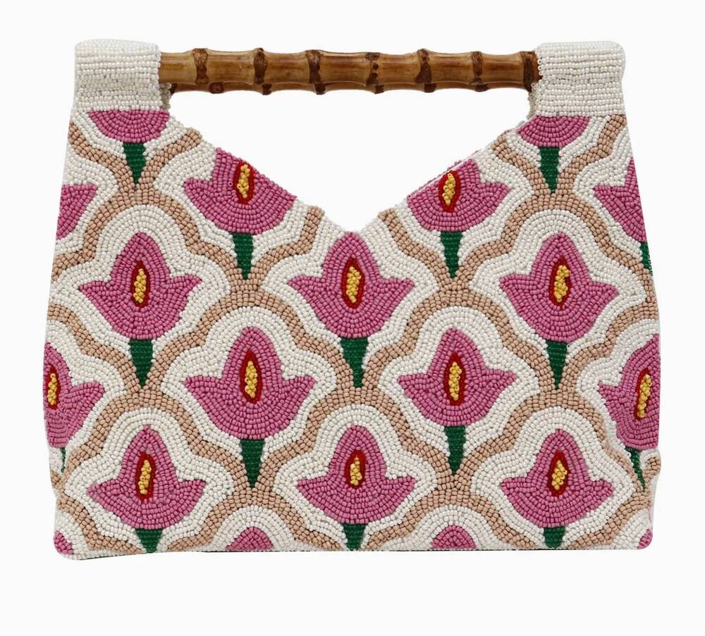 NEW TIANA DESIGNS women's floral cut-out bamboo handle bag in pink